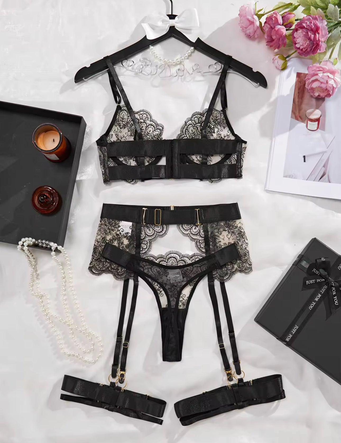 Midnight Reverie 3-Piece Lace Lingerie Set