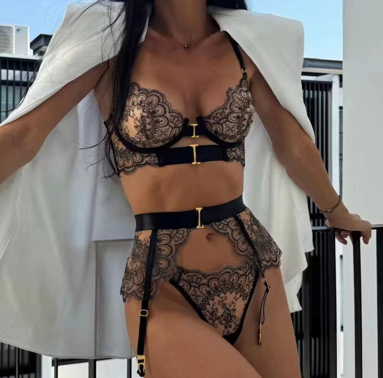 Midnight Reverie 3-Piece Lace Lingerie Set