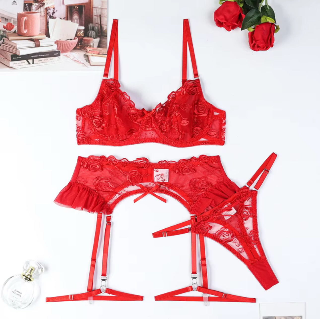 Scarlet Flame – 3-Piece Lingerie Set